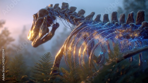 Digital Illustration of a Dinosaur Skeleton with Glowing Bioluminescent Features in a Mysterious Environment