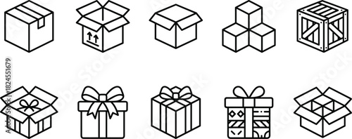 Box icons, gift packages, cardboard, crate, shipping, storage, ribbon, bow, present, silhouette set, packaging, container, parcel, pictogram