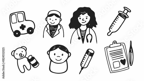 Doodle pediatric care icons baby check up health medical vector illustration scalable eps