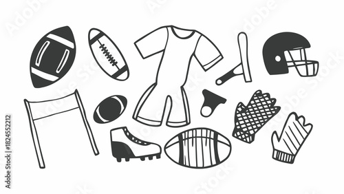 Doodle set of rugby items vector illustration scalable rugby ball goalpost jersey icon
