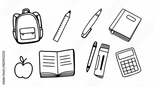 Vector doodle school supplies set backpack ruler pen book apple calculator icons