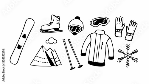 Hand-drawn vector doodle set of skiing and snowboarding winter sports equipment icons