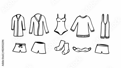 Doodle set of 10 sleepwear items pajama top robe lingerie vector illustration