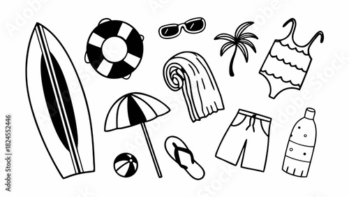 Doodle set of 10 surfing and beach items vector illustration scalable eps icon