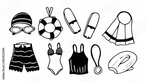Doodle set of 10 swimming items vector illustration for pool and beach