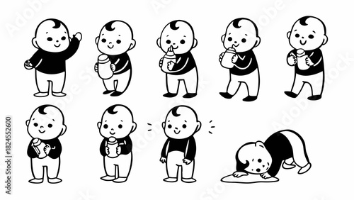 Doodle set of 10 toddlers crawling clapping smiling vector illustration