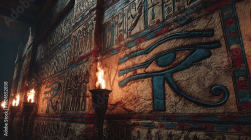 Intricate Ancient Egyptian Hieroglyphic Carvings with Torch Lighting on Stone Wall
