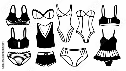 Doodle set of 10 women's undergarments bras and panties vector illustration scalable
