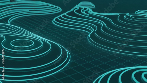 Futuristic topographic map visualizations with glowing neon lines and grid patterns