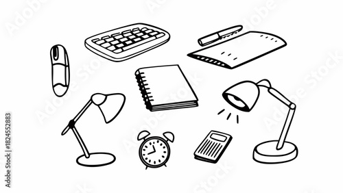 Hand-drawn doodle workspace organization items vector set scalable illustration