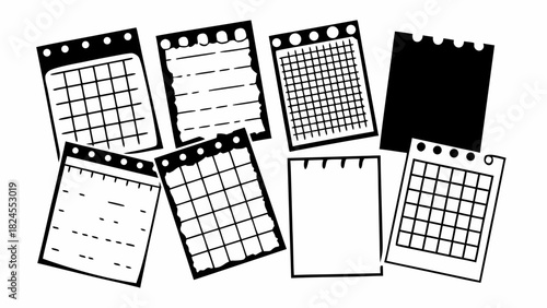 Vintage dusty yellow torn paper notes calendar pages vector illustration set