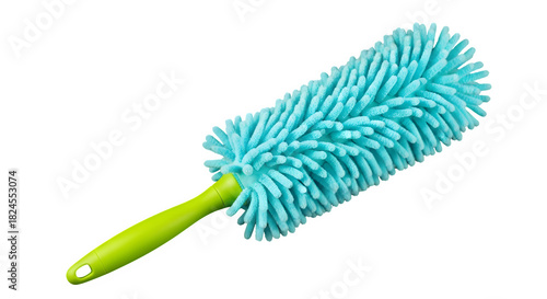 Bright blue feather duster with green handle isolated on transparent background