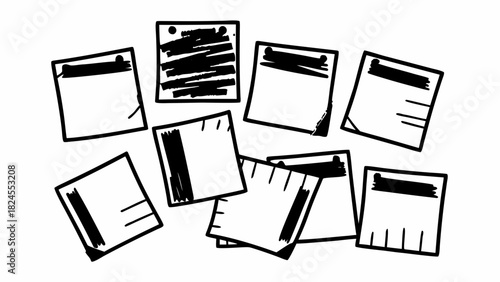 Set of 10 torn old sticky notes with hand drawn ink scribbles vector illustration