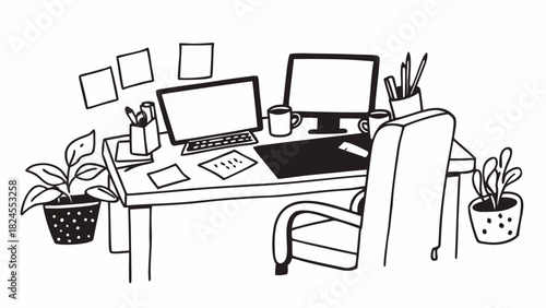 Hand drawn doodles of a creative workspace with desks and chairs