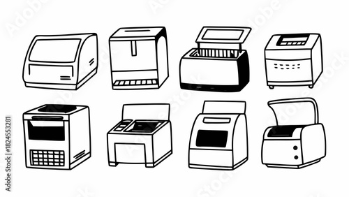 Doodle set of 10 hospital lab analyzers chemistry vector illustration scalable eps icon