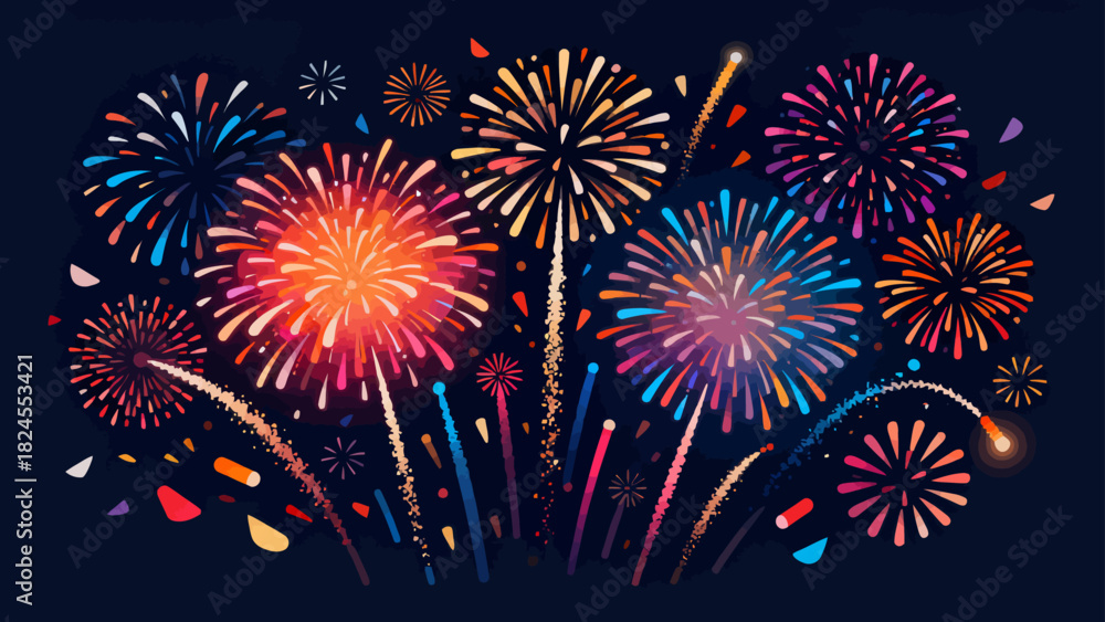 Fototapeta premium This vibrant illustration shows a colorful fireworks display against a starry dark sky, with various flower and spiral-shaped bursts in hues of red, yellow, pink, and blue, capturing a festive,