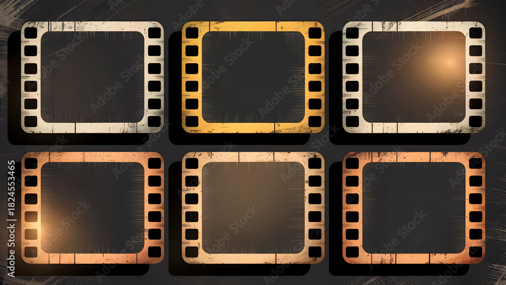Obraz premium Retro film strip frames with vintage grunge textures and soft light overlays nostalgic projects