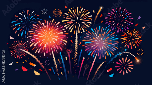 This vibrant illustration shows a colorful fireworks display against a starry dark sky, with various flower and spiral-shaped bursts in hues of red, yellow, pink, and blue, capturing a festive,