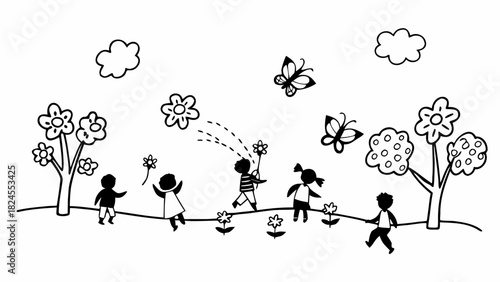 Doodle set of 10 kids playing in park with flowers and trees vector illustration