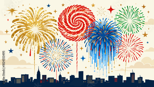 This vibrant illustration shows a colorful fireworks display against a starry dark sky, with various flower and spiral-shaped bursts in hues of red, yellow, pink, and blue, capturing a festive,