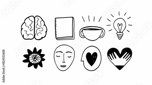 Doodle mental health icons set scalable vector illustration for wellness concepts