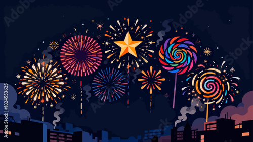 This vibrant illustration features colorful fireworks, stars, and a crescent moon against a dark night sky, capturing the festive and magical atmosphere of a celebration.