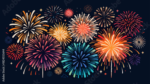 This vibrant illustration features colorful fireworks, stars, and a crescent moon against a dark night sky, capturing the festive and magical atmosphere of a celebration.