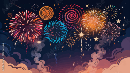 This vibrant illustration features colorful fireworks, stars, and a crescent moon against a dark night sky, capturing the festive and magical atmosphere of a celebration.