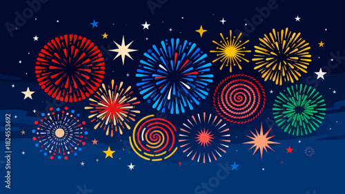 This vibrant illustration features colorful fireworks, stars, and a crescent moon against a dark night sky, capturing the festive and magical atmosphere of a celebration.