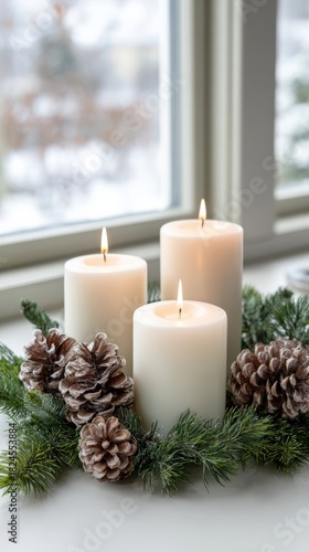 Festive advent wreath with three burning candles on white table for holiday decoration