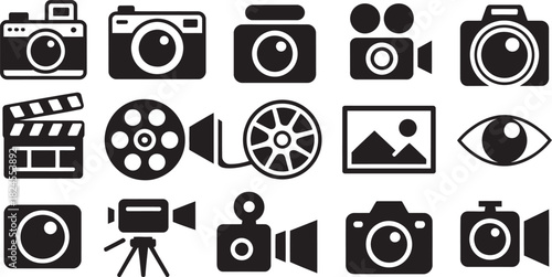 Collection of black vector icons representing photography, video, film, media production equipment, and related elements Vector