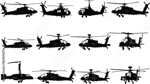 Set of Military and Utility Helicopter Silhouettes Vector Collection, Illustrating Various Aircraft Designs for Aviation, Defense, and Transportation Concepts, Isolated on White Background.