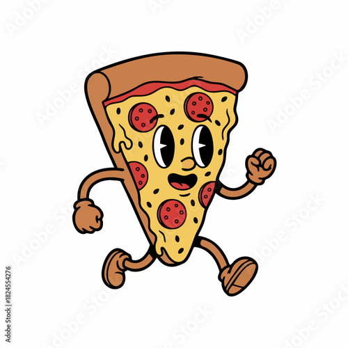 Whimsical Cartoon Pizza Slice Running with Happy Expression.