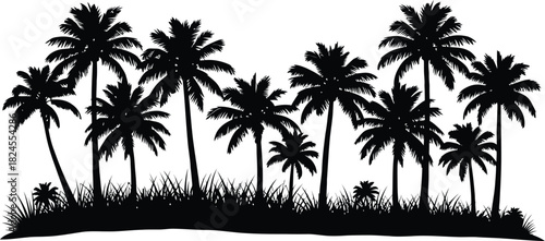 Black silhouette of palm trees on a tropical island paradise
