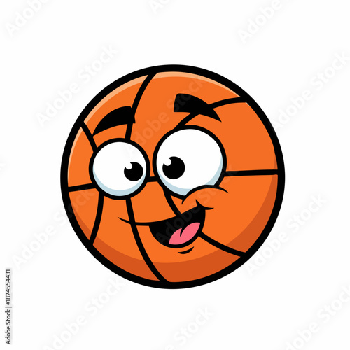Cartoon basketball with a happy face and expressive eyes smiling widely.