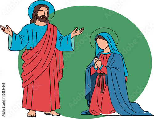 Stylized Vector Illustration of Jesus Christ Standing with Open Arms and Virgin Mary Kneeling in Prayer, Representing Biblical, Christian, and Religious Faith.