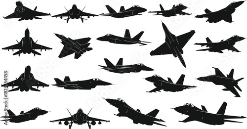 Black silhouette vector set of military fighter jets, war planes, and air force aircraft, symbolizing defense, aviation technology, power, and high-speed flight.