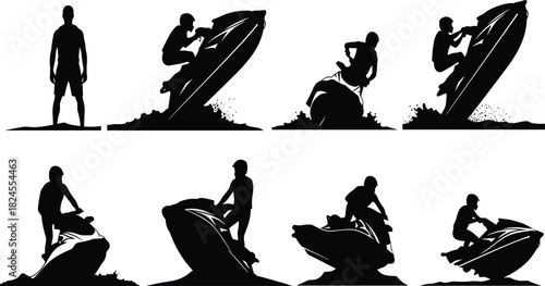 Dynamic Jet Ski Riders Silhouettes Set, Showing Watercraft Action and Extreme Aquatic Sports, Ideal for Summer, Recreation, and Fast Water Adventure Concepts, Isolated on White Background.