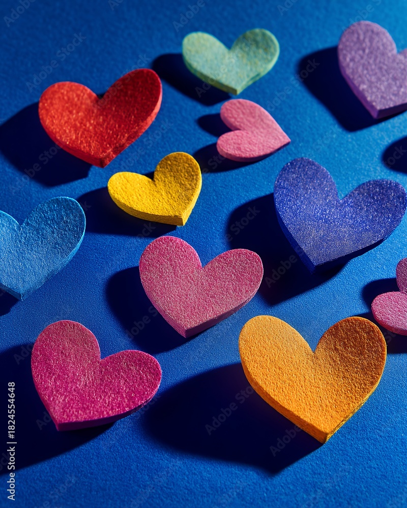 Obraz premium colorful paper hearts scattered on blue surface