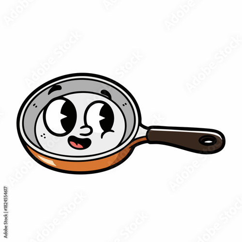 Vintage style smiling frying pan mascot illustration.