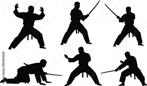 Dynamic Martial Arts Swordsman Silhouettes Set, Showing Fighters in Combat and Training Poses for Self-Defense, Discipline, and Traditional Fighting Concepts, Isolated on White Background.