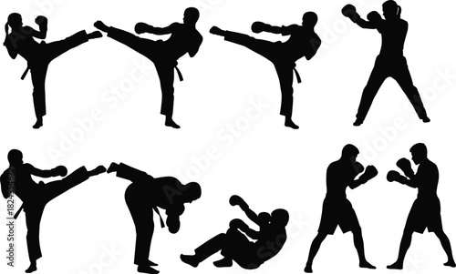 Martial Arts and Boxing Fighters Silhouettes Set, Showing Dynamic Kicking, Punching, and Combat Poses for Sports, Self-Defense, and Athletic Action Concepts, Isolated on White Background.