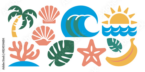 Tropical summer beach vacation icons set featuring palm tree, sun, waves, seashells, coral, leaf and starfish. Vector