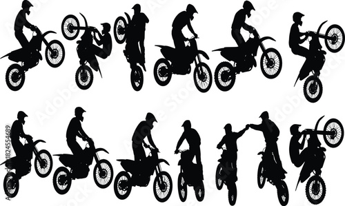 Extensive set of motocross and dirt bike rider silhouette vectors showcasing dynamic stunts like wheelies and jumps for extreme sports and racing design.