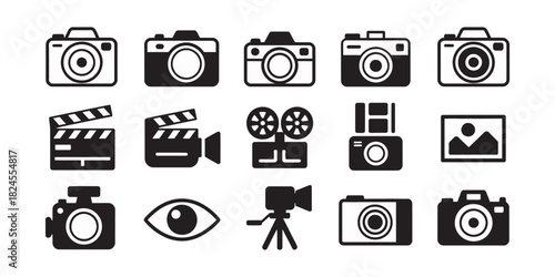 Photography and videography icons collection featuring cameras, film production gear, clapperboards, and media symbols Vector