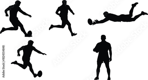 Black silhouette vector set of rugby players in action, running, kicking, and scoring a try, engaging in competitive sport, fitness, and team athleticism.