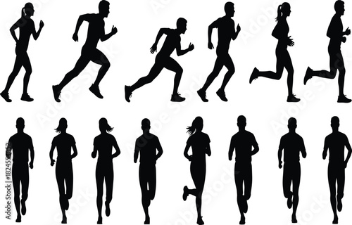 Large vector set of diverse running and jogging silhouettes for male and female athletes, capturing various speeds and poses for marathon and fitness graphics.