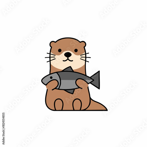 Adorable cartoon otter holding a freshly caught fish illustration.