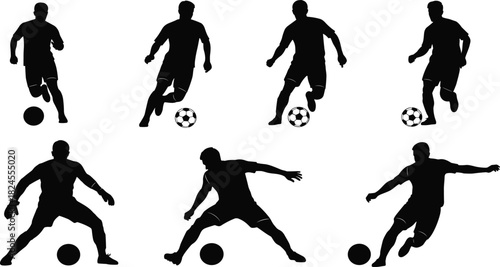 Black silhouette vector set of soccer football players dribbling the ball, engaging in competitive sport, dynamic action, athleticism, fitness, and professional team play.