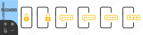 Phone password. Password protected icon. Phone with enter password code, verification security authorization Two step authentication. Notification button and entering a code on the screen
